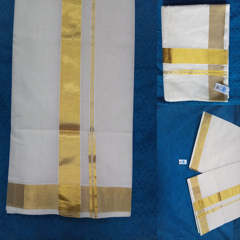 Original Handloom Saree Cotton Plain 2-inch golden zari Kasavu
